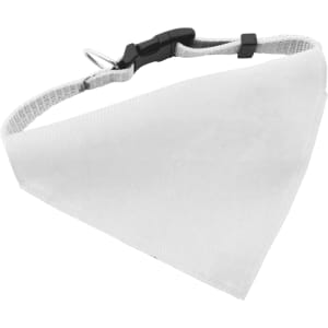 A white bandana pet collar with a grey adjustable strap and a clip fastening, featuring a branding logo.
