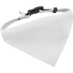 A white bandana pet collar with an adjustable strap and a clip, featuring a logo.