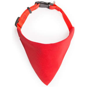 A red bandana-style pet collar with an adjustable strap and a logo. Suitable for pets.