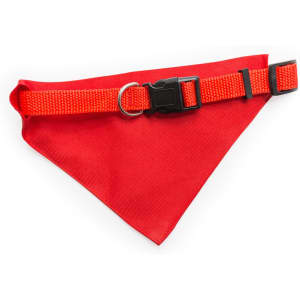 A bright red bandana pet collar with an adjustable strap and a buckle, featuring a metal D-ring.