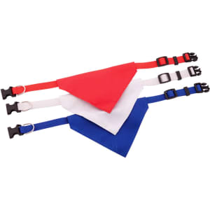 A set of three bandana pet collars in red, white, and blue, featuring adjustable straps and buckles.