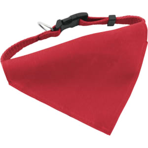 A red bandana-style pet collar with a black clip, featuring a silver attachment ring.