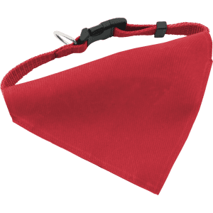A red bandana-style collar for pets, featuring an adjustable strap and a clip for easy fastening.