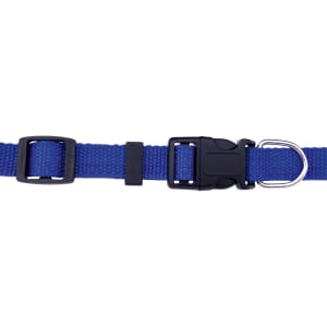 A blue fabric pet collar with adjustable buckle and metal D-ring. It features a sturdy design suitable for pets.
