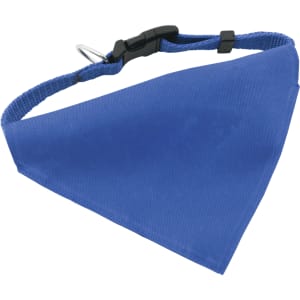 A blue Roco Bandana Pet Collar made from fabric with a collar attachment and a logo.