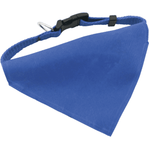 A blue bandana-style pet collar featuring an adjustable strap and a clip for secure fastening.