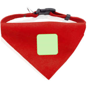 A red bandana pet collar featuring a spot for customisation, with a black fastening and adjustable design.