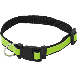 A pet collar featuring black fabric with a bright green reflective strip and a black buckle. Includes a metal D-ring.