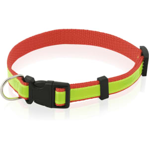 A bright red pet collar with reflective green detailing and a black clasp. Suitable for various pet sizes.