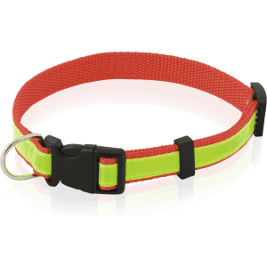 A vibrant red and neon yellow pet collar featuring a secure buckle and reflective strips for visibility.