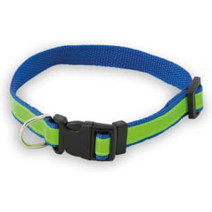 A blue and green pet collar featuring a sturdy buckle and a metal D-ring for leash attachment. It has a logo.