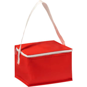 A red cooler bag with a white zip and a shoulder strap for easy carrying. It features a logo on the front.