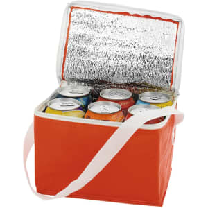 An orange cooler bag with a silver insulated interior, containing several cans of beverages.