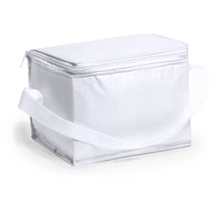 A white cooler bag with a zip closure and a shoulder strap, featuring an external logo.