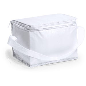 A white cooler bag with a zip closure and a shoulder strap. It features a simple design and has a logo.