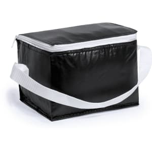A black cooler bag with a white zip and strap, featuring a simple design and a logo.