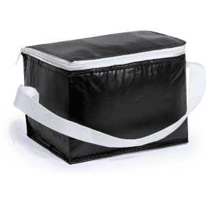 A black cooler bag with a white zipper and shoulder strap, featuring a simple rectangular design.