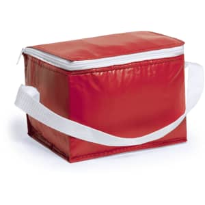 A bright red cooler bag with a white zipper and a white carrying strap, featuring a logo on the front.