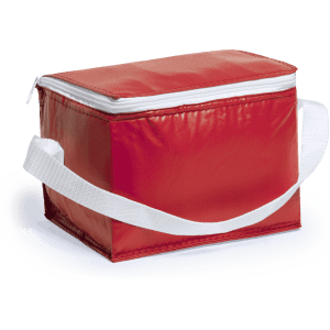 A red cooler bag with a white zipper and adjustable white strap. It features a plain design with no visible branding.
