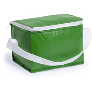 A green cooler bag with a white zip and a white carrying strap. It has a rectangular shape and a glossy finish.