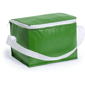 A green cooler bag with a white zip and a shoulder strap, featuring a simple design and no visible branding.