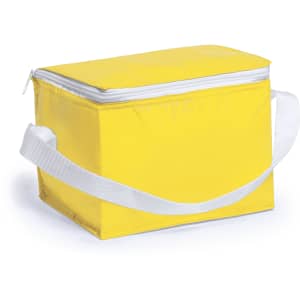 A yellow cooler bag with a white strap and zip closure, featuring a branding logo.
