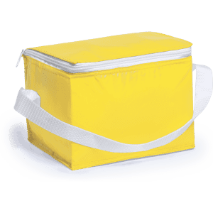 A yellow cooler bag with a white zip and strap, designed for transporting food and drinks.