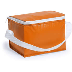 An orange cooler bag with a white zip and a white shoulder strap, featuring a rectangular design.