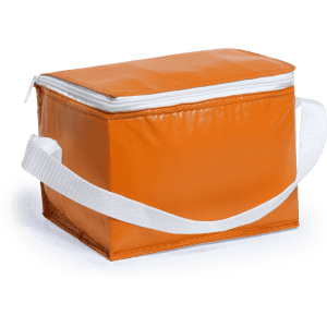 An orange cooler bag with a white zip and shoulder strap, featuring a solid rectangular shape.