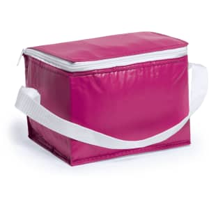 A pink cooler bag with a white zip and a shoulder strap. It features branding on the side.