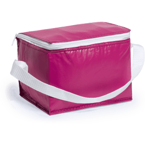 A pink cooler bag with a zippered top and a white strap. It features a rectangular shape and a plain design.
