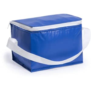 A blue cooler bag with a white zip and strap, featuring a simple design. It includes a branded logo.