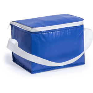 A blue cooler bag with a white strap and zipper, featuring a rectangular shape. It has a simple design.