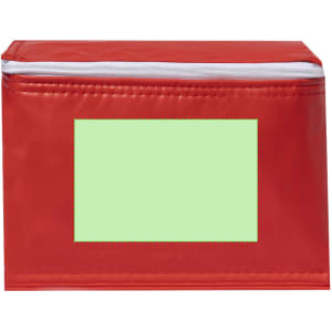 A red cooler bag with a zip closure and an empty space for personalisation. It features a logo on its surface.