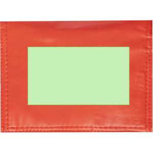A bright red cooler bag with a green rectangular panel and a logo.
