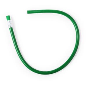 A green flexi pencil with an eraser at one end, featuring a curved shape. It has a simple design with a logo.
