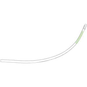 A grey lead pencil with a green grip, featuring a smooth design and a slightly curved shape. It has a branding logo.