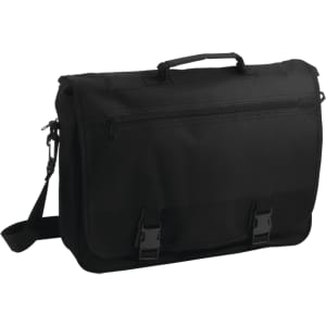 A black document bag with a handle, adjustable shoulder strap, and buckle closures. It also has a front zip pocket.