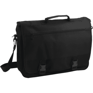 A black document bag features a handle, adjustable shoulder strap, and front buckles. It includes a logo on the surface.