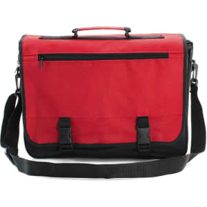 A red and black document bag with a front pocket, handle, and adjustable shoulder strap. It features a logo.