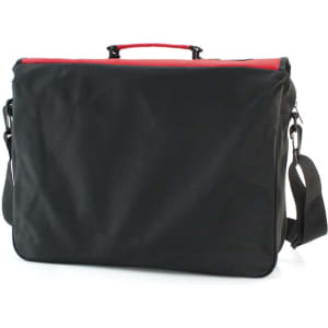 A black document bag with a red trim and a detachable shoulder strap. It has a zippered closure and a handle.