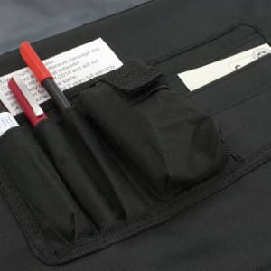 A black document bag featuring multiple pen holders, a pocket, and a logo.