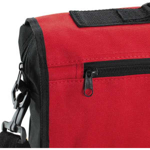 A red document bag with a black trim, featuring a zippered pocket and adjustable strap. It has a logo on the surface.