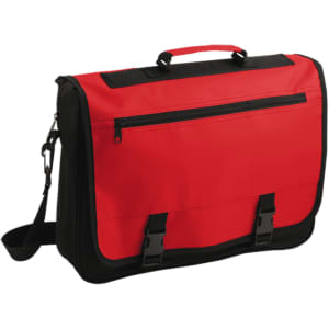 A red and black document bag with a flap, front zip pocket, and an adjustable shoulder strap. It features a logo.