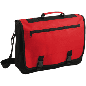A red document bag with a black base, featuring a top handle, adjustable shoulder strap, and front zipper pockets.