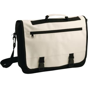 A messenger bag in white with black accents, featuring a top handle, shoulder strap, and zippered front pocket.