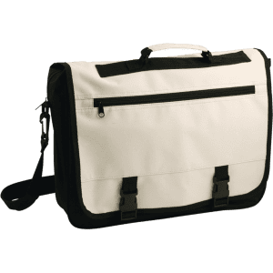 A white and black document bag with a shoulder strap and a front zip pocket. It features a branding logo.