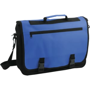 A blue and black document bag featuring a front zip pocket and a shoulder strap, along with a logo.