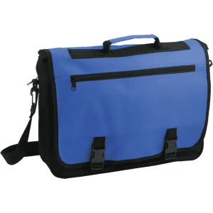A blue document bag with a black trim, featuring a front zipper pocket and adjustable shoulder strap.