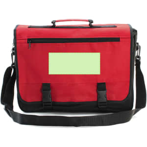 A red and black document bag featuring a shoulder strap and a front flap with a logo.